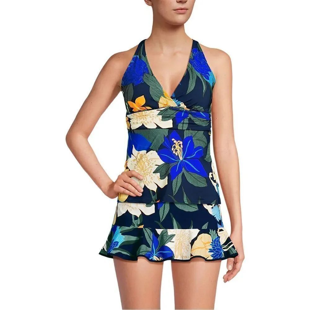 Lands' End v neck plunge multi floral X back soft tankini navy floral Blooms Var